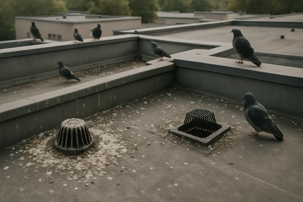 Toit plat montrant des drains obstrués par des fientes de pigeon avec pigeons perchés.