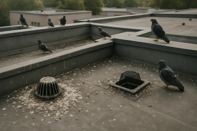 Toit plat montrant des drains obstrués par des fientes de pigeon avec pigeons perchés.