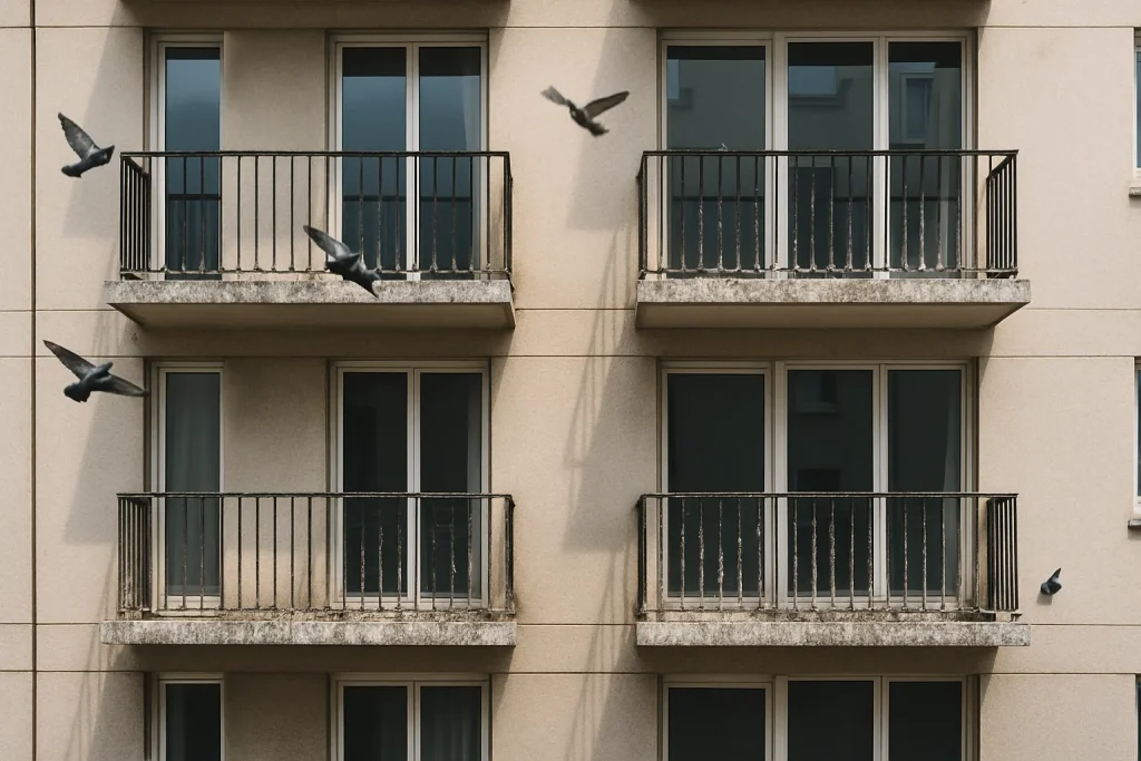 Façade d'immeuble avec balcons couverts de fientes de pigeon, lumière naturelle