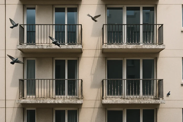 Façade d'immeuble avec balcons couverts de fientes de pigeon, lumière naturelle