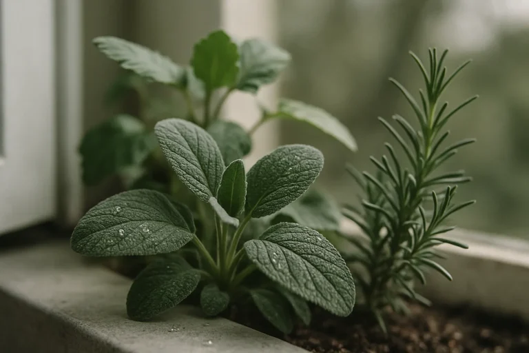 Gros plan de plantes répulsives sur une fenêtre, avec gouttes de rosée et arrière-plan flou
