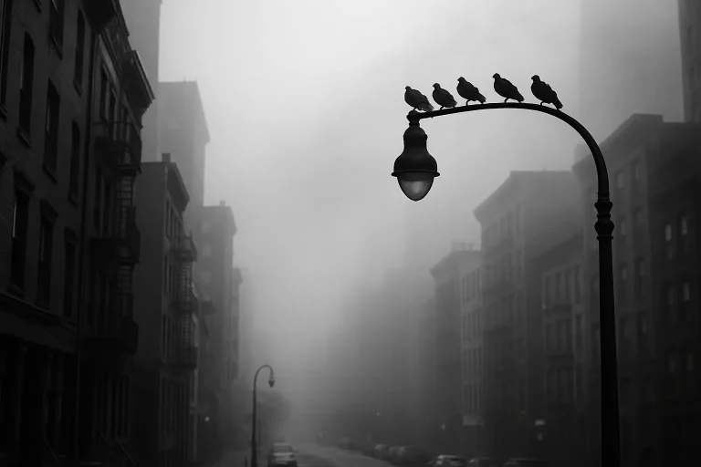 Rue urbaine avec smog léger, pigeons sur un lampadaire, en noir et blanc.